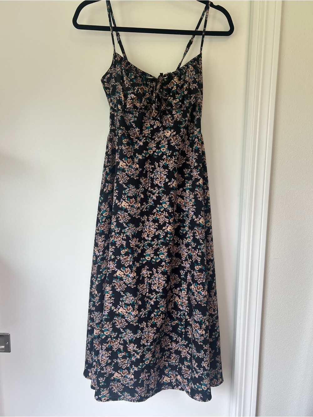 Black Floral Midi Slip Dress with Peach Accents
